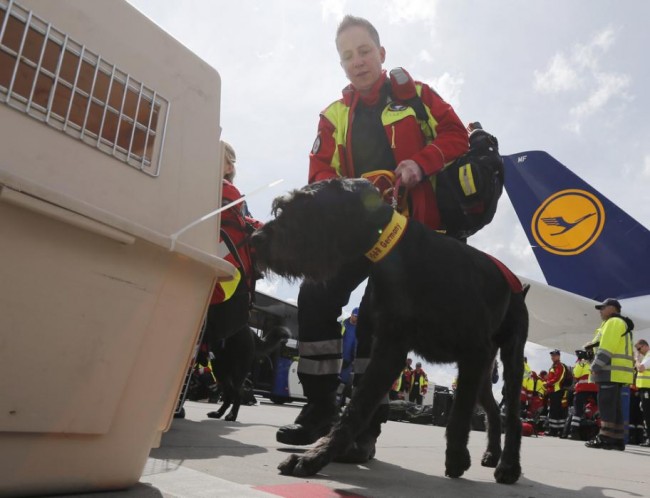 Sniffer dog handler Susanna Martin-Schmitt of Germany's NGO organistation International Search and Rescue (ISAR- Germany) prepares her dog 'Porthos' to board their flight to Nepal from Frankfurt airport April 26, 2015. Some seven rescue dogs and 51 doctors, medics and logistical experts are flying to Nepal on Sunday, a day after a 7.9 magnitude earthquake devastated the heavily crowded Kathmandu Valley, killing more than 2,200 people, and triggered a deadly avalanche on Mount Everest. (REUTERS/Wolfgang Rattay)