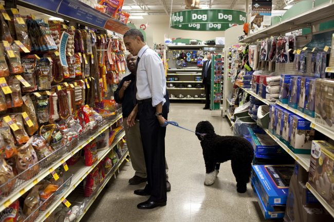 President Barack Obama talks with an employee as he selects a bone for Bo, the Obama family dog, during a stop at a PetSmart store in Alexandria, Va., Dec. 21, 2011. (Official White House Photo by Pete Souza)