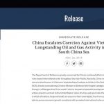 Bộ Quốc phòng Hoa Kỳ ra Thông cáo báo chí về hành vi leo thang áp bức của Trung Quốc chống lại hoạt động dầu khí của Việt Nam ở Biển Đông
